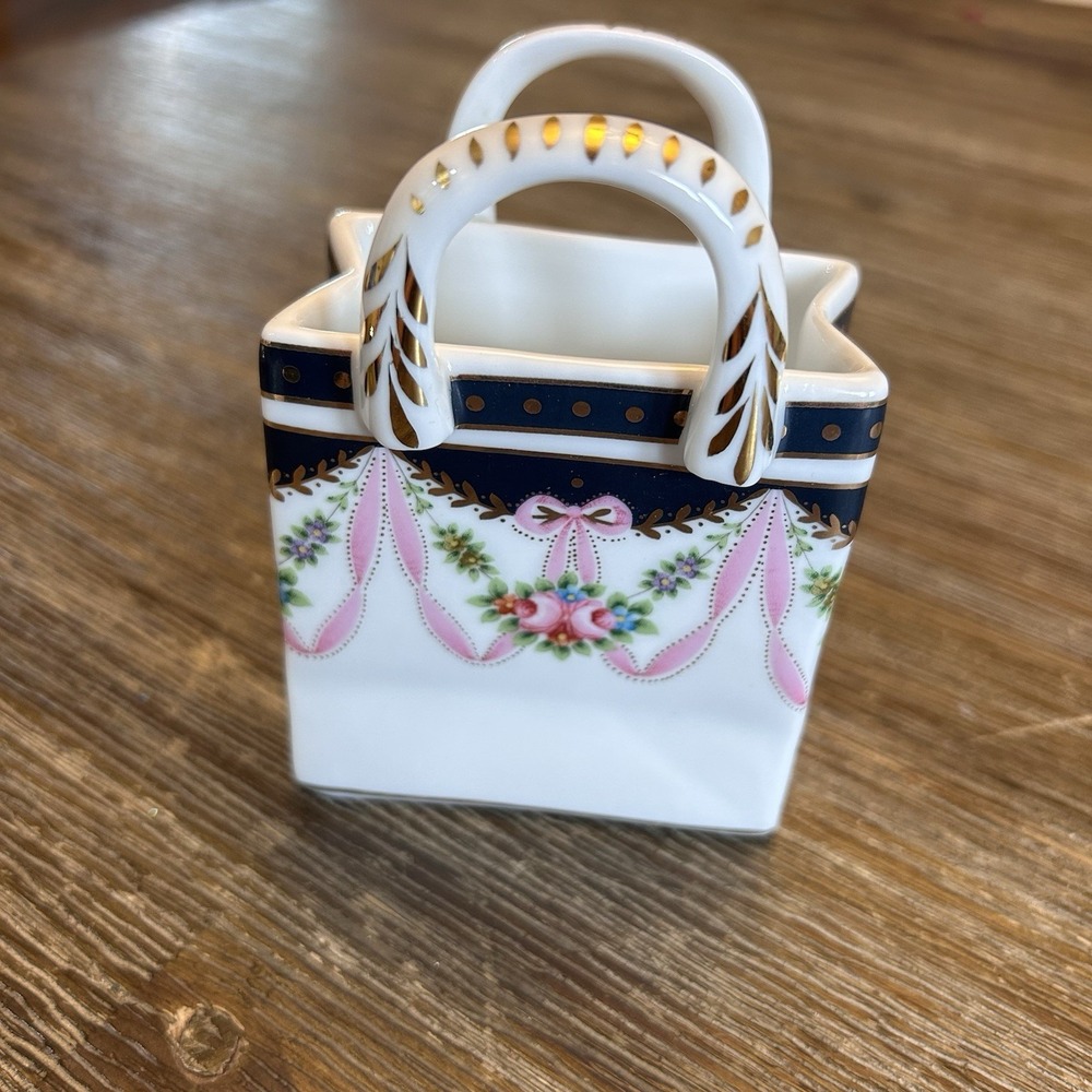 Miniature 4" GANZ Ceramic Shopping Bag Vase Floral Design Handpainted Gold Trim